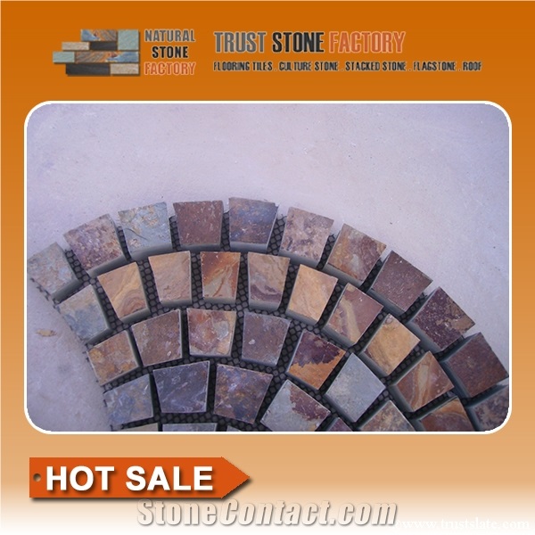 Rusty Brown Slate Fan Shape Paving,Multi Color Slate Meshed Cobble and Cube Stone