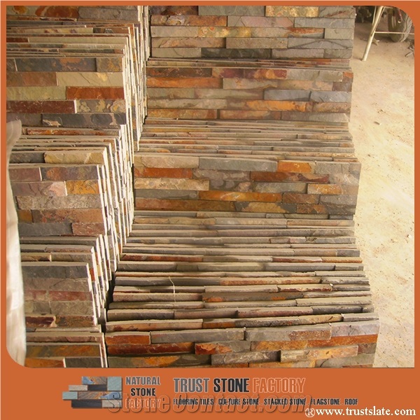 Slate Cultured Stone, Yellow Rusty Culture Stone, Brown Thin Stone Veneer, Hebei Natural Surface Stone for Indoor and Outdoor Decorate