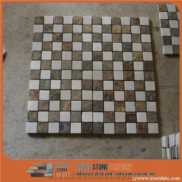 White Brown Quartzite Mosaic Tiles, Mix Stone Mosaic Pattern from China, Wall Mosaic, Floor Mosaic, Interior Decoration, Customized Mosaic Tile, Mosaic Tile for Bathroom&Kitchen&Hotel Decoration
