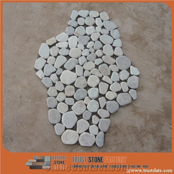 White Pebble Stone Mosaic, Sliced Pebble Tiles in Bathroom , Pebble Stone Mosaic with Back Mesh for Wall Stone