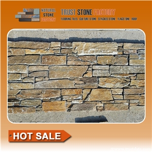 Yellow Stacked Stone Veneer,Quartzite Stacked Stone Fireplace, Natural Stone Retaining Wall