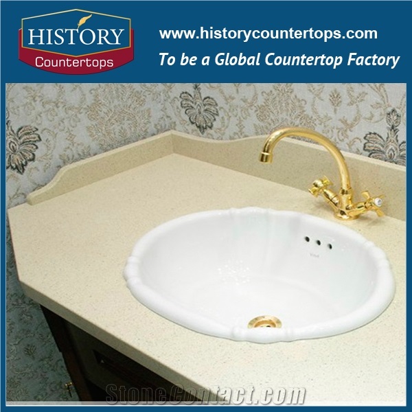 2017 Premium Grade Wholesale Kamari Quartz Polished Bathroom Countertops, Beige Color Artificial Stone, Solid Surface Vanity Top for Interior, Exterior Polished Surface, Flat, Eased & Beveled Edge