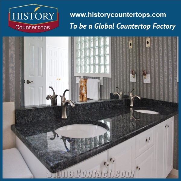 Blue Pearl Granite Vanity Tops Single or Double Sinks for Bath Designs, Custom Bathroom Solid Surface Tops Polishing for Hospitality Projects