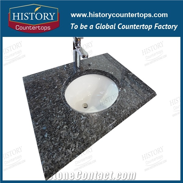 Blue Pearl Granite Vanity Tops Single or Double Sinks for Bath Designs, Custom Bathroom Solid Surface Tops Polishing for Hospitality Projects