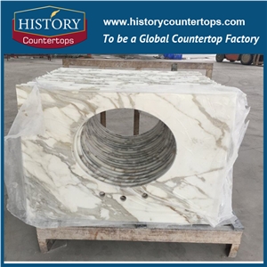 Calacatta White Marble Vanity Tops with Songle or Double Sinks for Bath, Natural Stone Bathroom Tops Polished Surface with Customized Edges for Hospitality Projects
