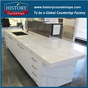 Calacatta White Quartz Countertops with Customized Edges for Kitchen Designs, China White Artificial Stone Island Tops Worktops for Multi-Family and Hospitality Projects