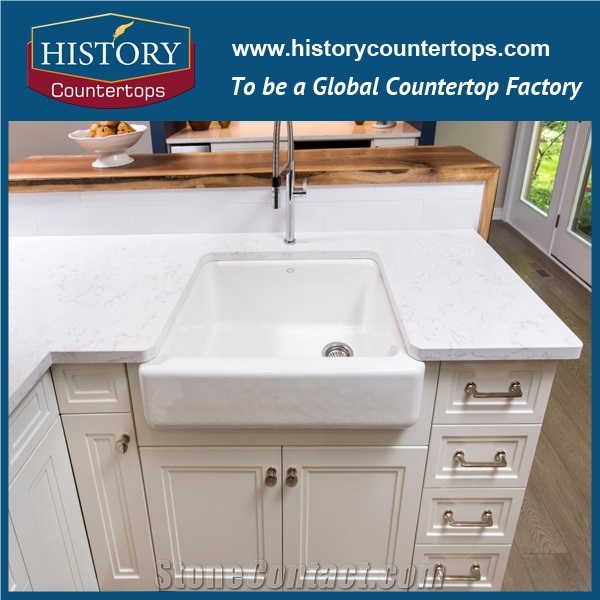 Cararra White Quartz Vanity Tops with Single or Double Sinks for Sales, Engineered Bathroom Tops Polished Surface with Customized Edges for Hospitality Projects