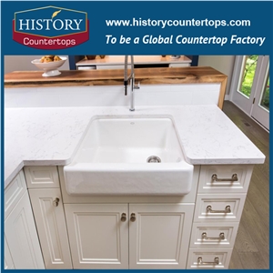 Cararra White Quartz Vanity Tops with Single or Double Sinks for Sales, Engineered Bathroom Tops Polished Surface with Customized Edges for Hospitality Projects