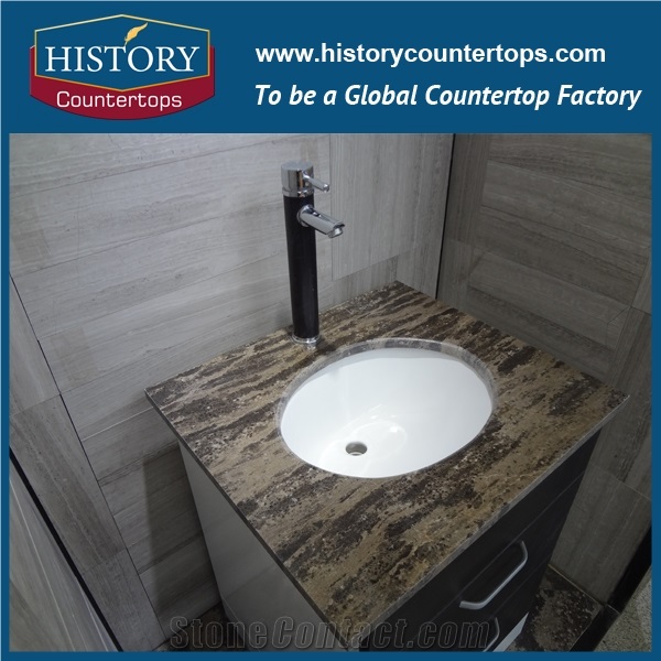 China Golden Coast Quartz Vanity Tops with Single and Double Sinks for Sales, Engineered Bathroom Artificial Stone Tops Polished Surface for Hospitality Projects