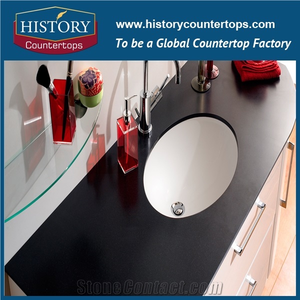 China Hot Sale Black Engineered Stone High Quality Absolute Noir Artificial Quartz Countertops,Solid Surface Vanity Top,Prefab,Bathroom Counter Tops,Cut-To-Size,Flat, Eased & Beveled Edge