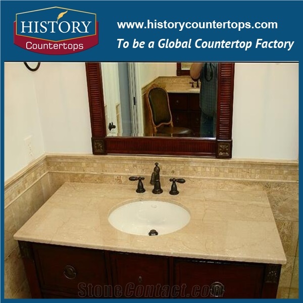 Italy Botticino Classico Natural Stone Marble Solid Surface Vanity Tops with Sigle and Double Sinks for Bath, Engineered Bathroom Tops Polishing for Hospitality Projects