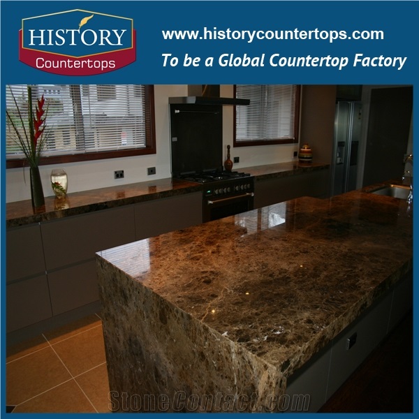 Spain Emperador Marble Countertops with Customiaed Edges, Engineered Natural Stone Kitchen Iskand Tops Worktops Polished Surface for Multi-Family Projects