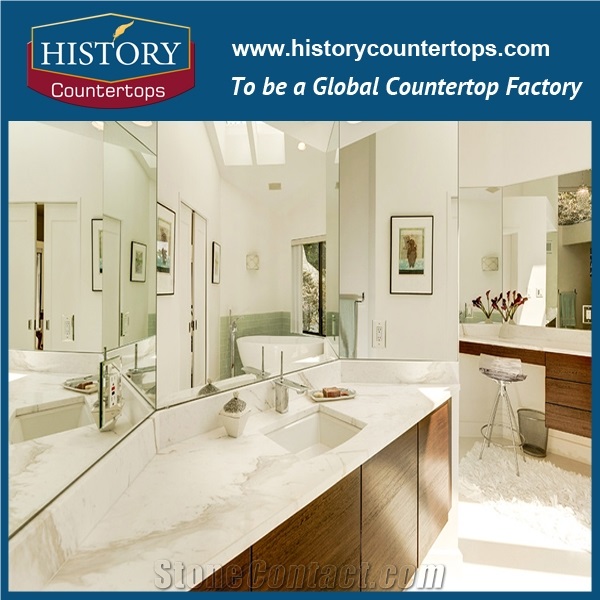 Volakas Marble Vanity Tops Single or Double Sinks for Sales, White Bathroom Tops Polished Surface with Customized Edges for Hospitality Projects