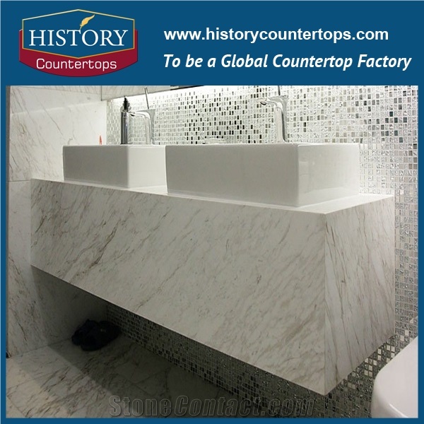 Volakas Marble Vanity Tops Single or Double Sinks for Sales, White Bathroom Tops Polished Surface with Customized Edges for Hospitality Projects