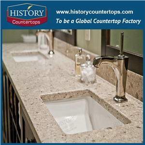 White Quartz Single or Double Sinks Vanity Tops Polished Surface, Standard and Custom Size Tops for Bathroom Designs in Hospitality and Multi-Family Projects