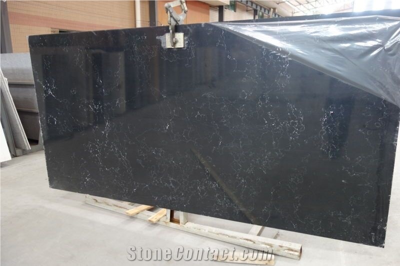 V0611 Slabs / Black Quartz with Marble Vein , Polished Tiles & Slabs , Floor Covering Tiles, Quart Wall Covering Tiles,Quartz Skirting