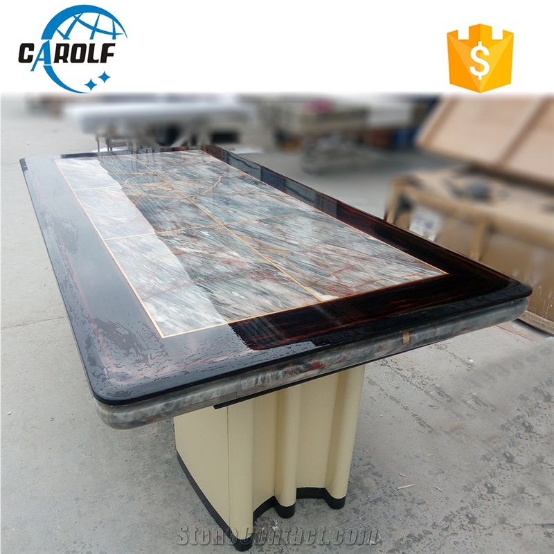 10 Seaters Wooden Mixed Marble Table Top with Wood Base Dining Table