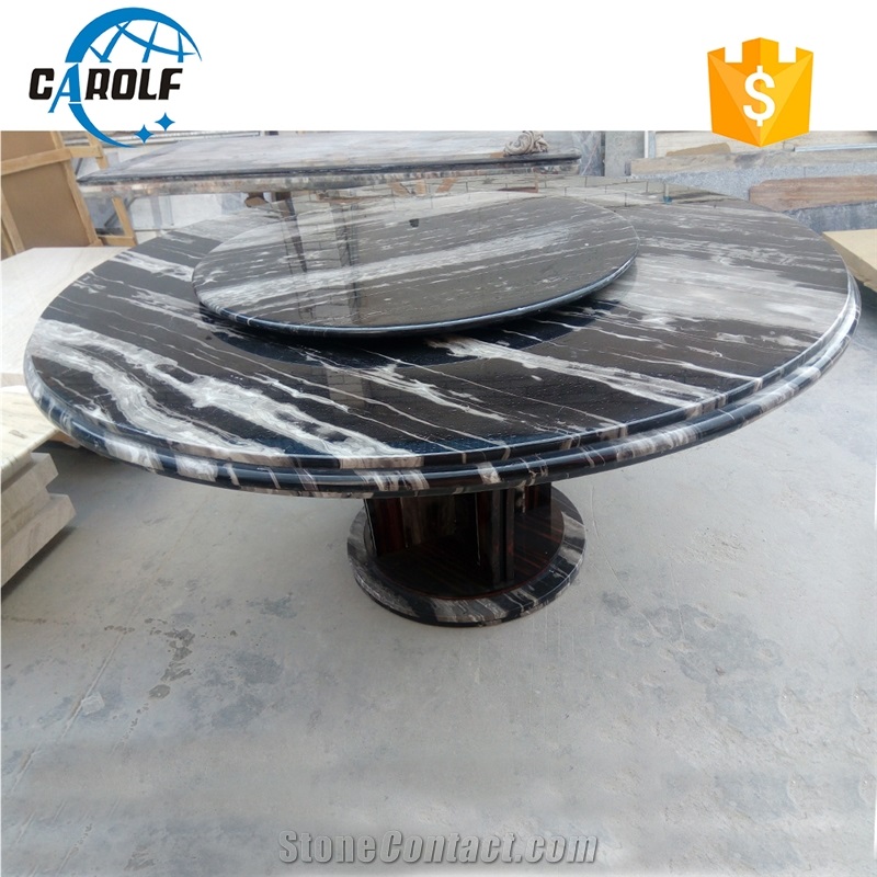 Black Marble Dining Table with Same Marble Lazy Susan