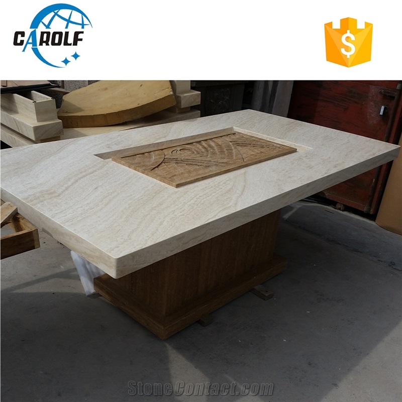 Carved Design White Travertine Table Top Yellow Travertine Base Dining Table