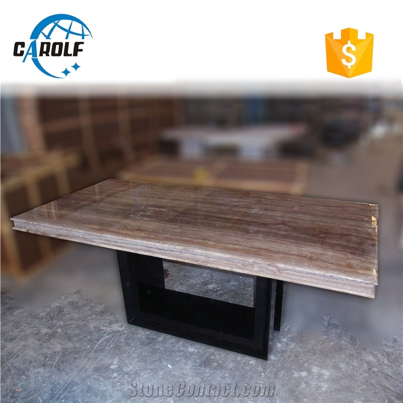 Long Natural Grey Marble Black Wooden Leg Dining Table