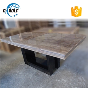Long Natural Grey Marble Black Wooden Leg Dining Table