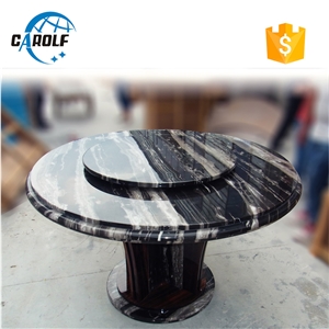 Round Marble Black Dining Table with Wooden Base