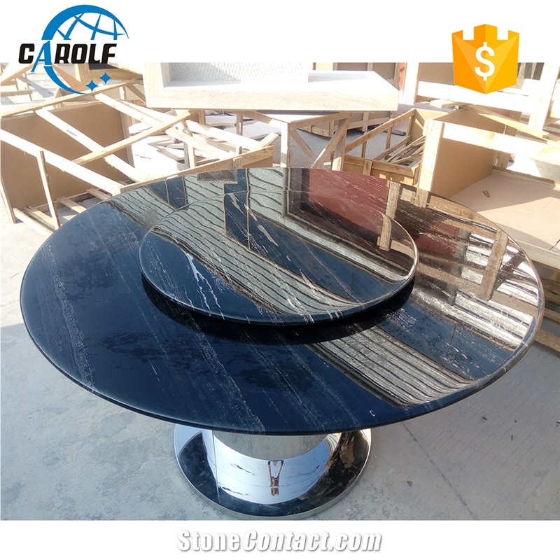 Stainless Steel Base Natural Marble Dining Table with Black Lazy Susan