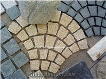 G682 China Granite Cube Misty Yellow Giallo Rusty Desert Gold Leaf Golden Peach with Tumbled Natural Split Flame for Paver Paving Stone Driveway Walkway Floor Back Netting Fan Shape Cobble Mosaic