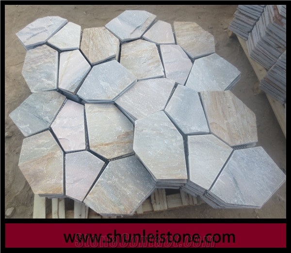 Culture Stone - Pavers on Mesh for Walkway Garden Stepping,Cheap Beige Slate Flooring Tiles,Slate Tiles on Mesh,Garden Stepping Pavements
