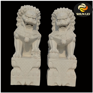 Hand Carved Large White Marble Stone Foo Dog Statues