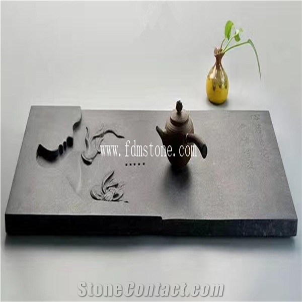 Black Basalt Stone Antique Tea Tray Table, Stone Carving Tea Serving Tray