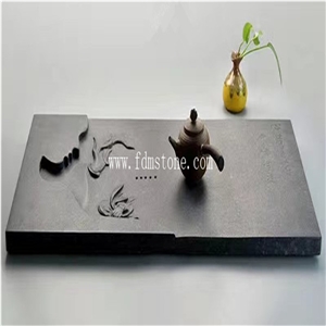 Black Basalt Stone Antique Tea Tray Table, Stone Carving Tea Serving Tray