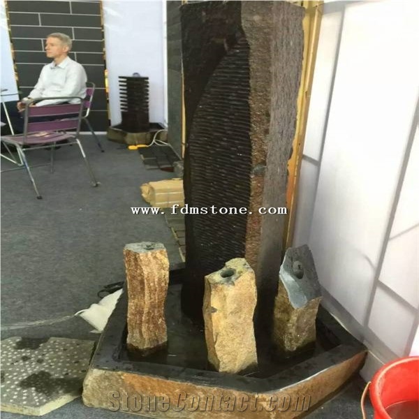 Large Size Black Natural Stone Garden Interior Water Fountain Group, Drilled Bubbling Rock Column