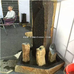 Large Size Black Natural Stone Garden Interior Water Fountain Group, Drilled Bubbling Rock Column