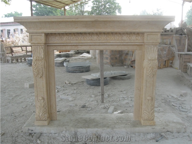 Beige Marble Fireplace Mantel Surround with Carving