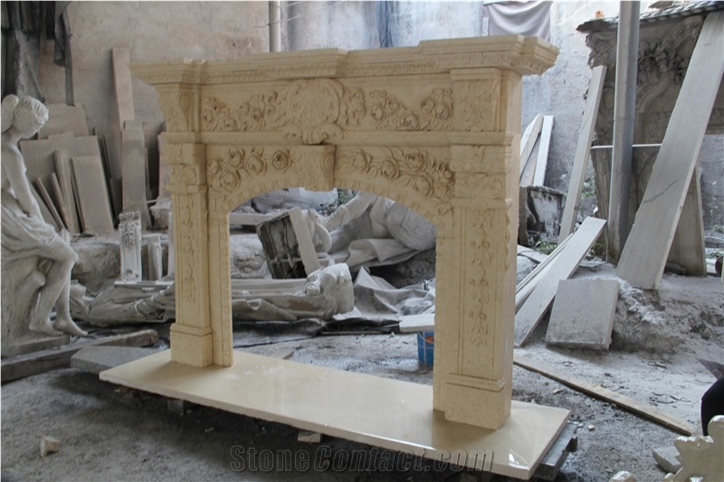 Beige Marble Fireplace Mantel with Sculpture