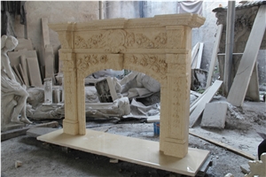 Beige Marble Fireplace Mantel with Sculpture