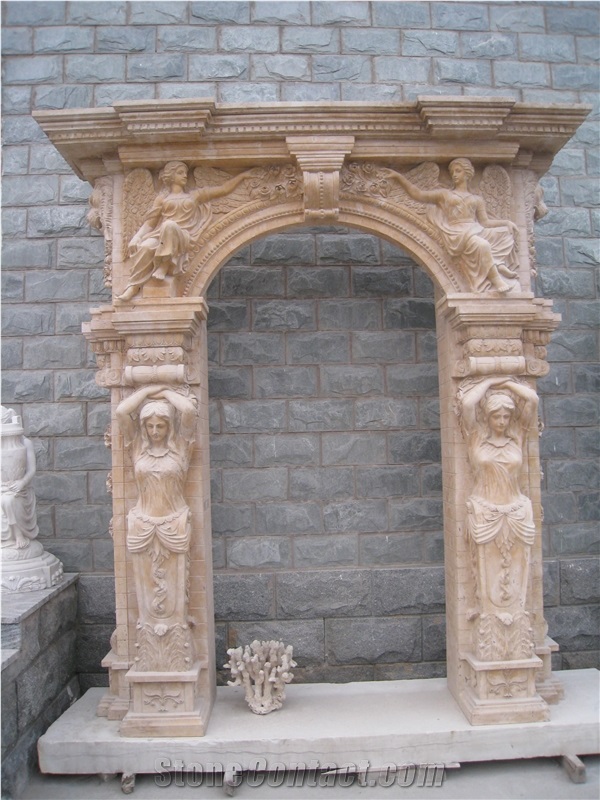 Beige Travertine Door Surround with Hand Carving