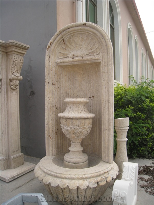 Beige Travertine Wall Fountain with Sculpture