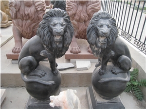 Black Limestone Lion on Ball Statue Sculpture Garden Hand Carved