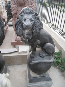 Black Limestone Lion on Ball Statue Sculpture Garden Hand Carved