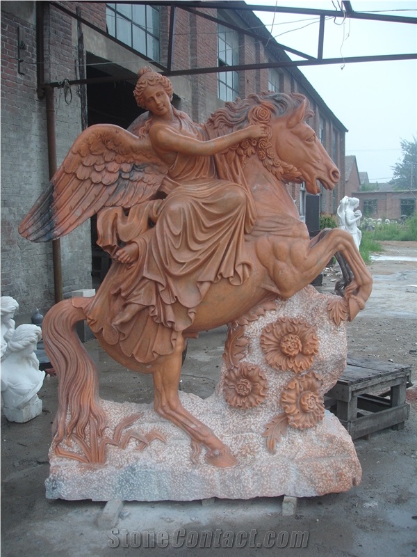 Hand Carved Statue Sculpture Angle Riding on Horse