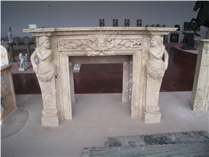 Hand Carved Travertine Fireplace Mantel with Sculpture