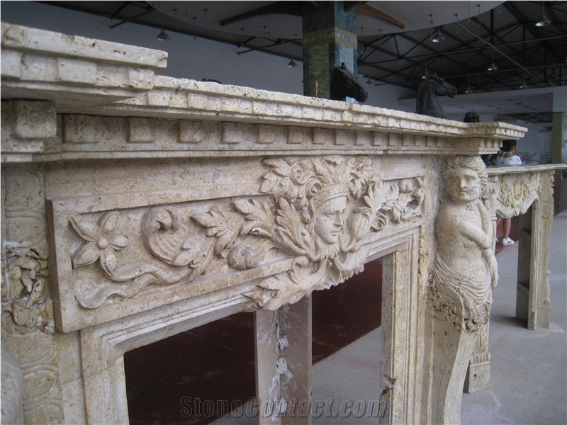 Hand Carved Travertine Fireplace Mantel with Sculpture