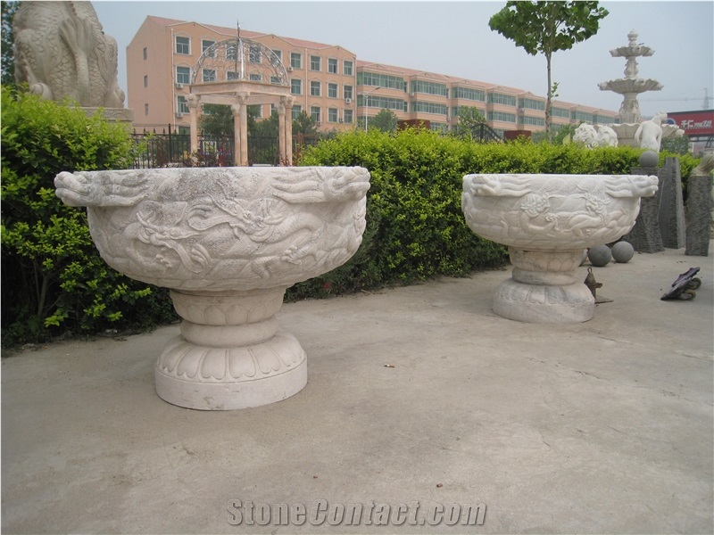 Hand Carved White Marble Flower Pot Planter with Sculpture