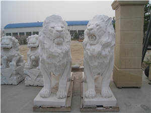 Hand Carved White Marble Sitting Lion Statue Sculpture Garden
