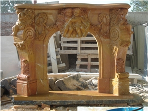Hand Carved Yellow Marble Fireplace Mantel with Sculpture