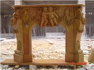 Hand Carved Yellow Marble Fireplace Mantel with Sculpture
