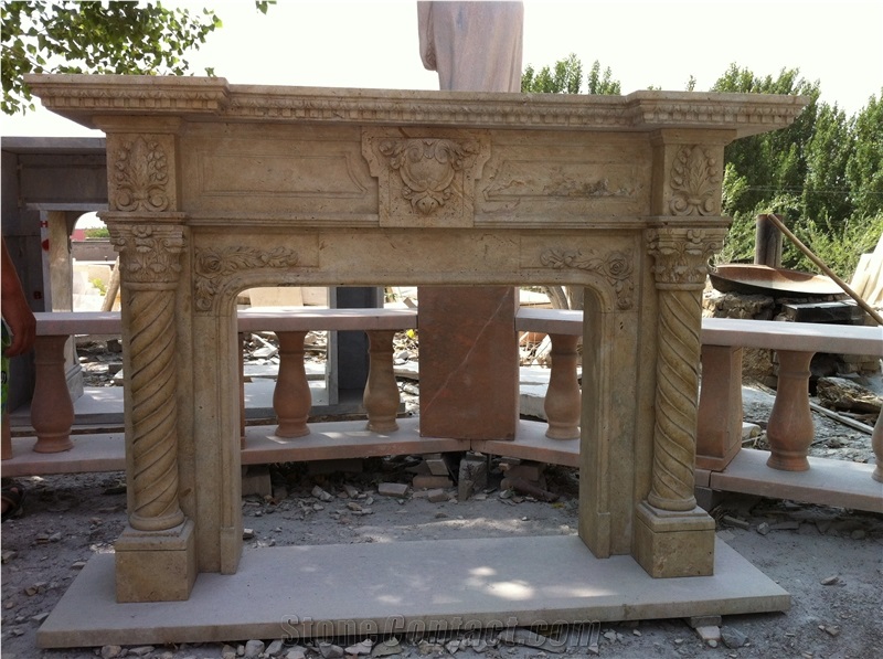 Natural Stone Fireplace Mantel with Hand Carved Sculpture