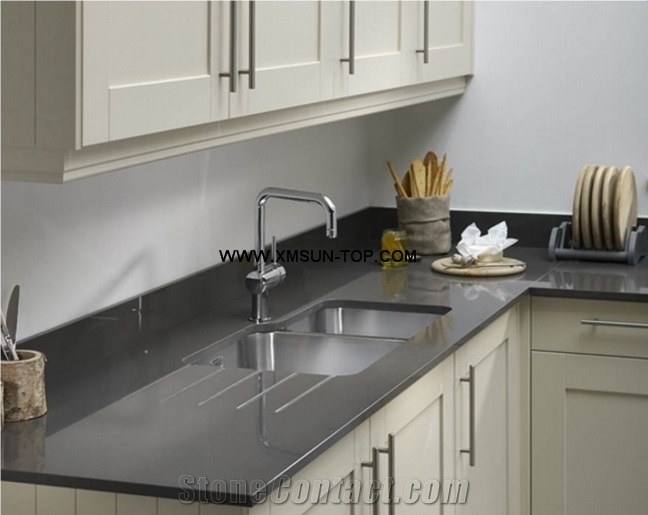 Grey Quartz Stone Kitchen Countertop with Sink Cutout /Artificial Quartz Kitchen Counter Top/Engineered Stone Kitchen Countertops/Custom Counter Top/Manmade Stone Kitchen Worktops/Kitchen Tops